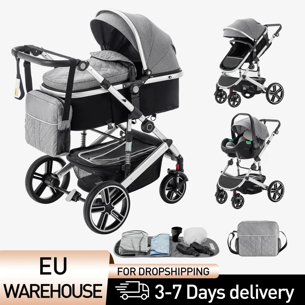 Poussette 3 en 1 pliable en aluminium