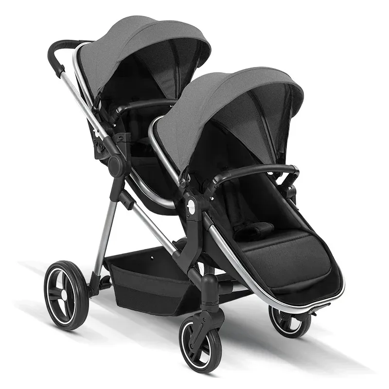Poussette double pliable gris et noir