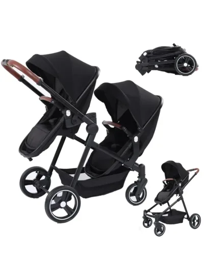 Poussette double pliable gris et noir – image 3